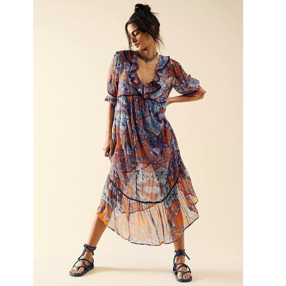 Free People Carmella Printed Maxi Dress Spice Combo Size XS Chiffon Boho Ruffle